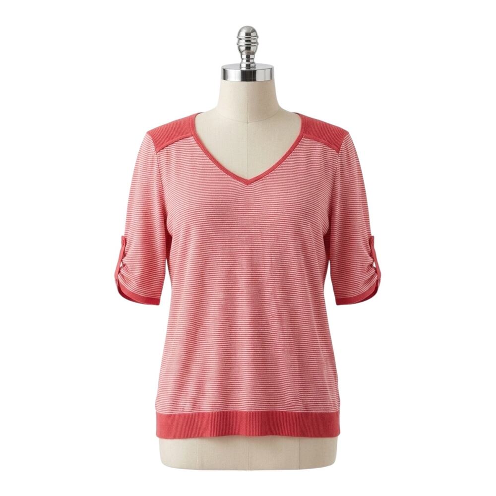 GAP Vintage Striped Knit Sweater Top Red White 3/4 Sleeve V-Neck Casual Size L
